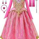 Aoiviss Girls Princess Costume Dresses Pink Princess Dress Up Clothes with Accessories for Halloween Cosplay Carnival Party, Size 140