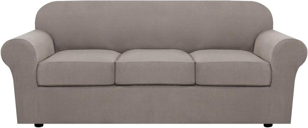 H.VERSAILTEX 4 Piece Stretch Sofa Covers for 3 Cushion Couch Covers for Living Room Furniture Slipcovers (Base Cover Plus 3 Seat Cushion Covers) Upgraded Thicker Jacquard Fabric (Sofa, Taupe) (Large)