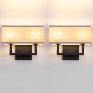 Yosoan Set of 2 Linen Fabric Boho Wall Sconce Bedside Light with On Off Switch, 2-Light Finished Hardwired Vintage Industrial Dual Wall Mount Lamp Square Shade for Bedroom Living Room Stairwell(Black)