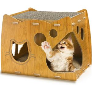 WRINGKIT Cat Scratcher House, 2 in 1 Cat Cardboard House with 2 Scratching Pads, Sturdy Cat House Lounge for Indoor Cats to Rest and Hide, Maximum Load Capacity 66 Lbs