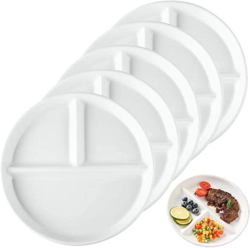(5 Pack) Portion Control Plate for Balanced Eating, 9" Unbreakable Divided Plates,3 Compartment Plates, Reusable Plastic Plates, BPA Free for Kids Adults (White)
