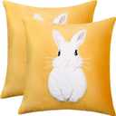 Happy Easter Pillow Covers 18X18 Inch Set of 2 Cute 3D Embroidered Yellow Bunny Easter Decor Pillow Case Spring Farmhouse Pillows Easter Decorative Soft Velvet Throw Cushion Cover for Home Sofa