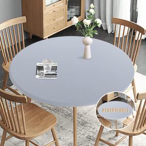 Obstal Fitted Round Table Cloth, Reversible Waterproof Stain Resistant Elastic Stretch Tablecloth, Wipe Clean Table Cover for Outdoor/Indoor Use, Fits Round Tables up to 40" - 44" Diameter, Silver