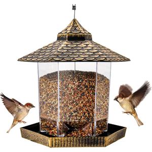 Twinkle Star Wild Bird Feeder Hanging for Garden Yard Outside Decoration, Hexagon Shaped with Roof (7.9 x 7.9 x 8.7 inches, *Bronze)