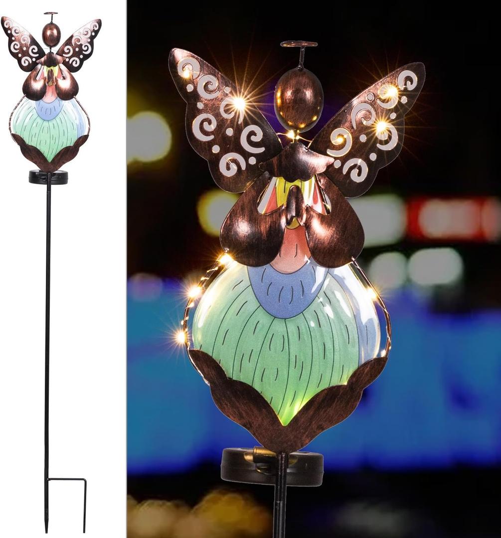HUYIENO Solar Angel Garden Stake Lights 38inch Colored-Painted Outdoor Waterproof Memorial Garden Decor 2 Lighting Modes Cemetery Decorations for Grave for Remembrance Gifts & Sympathy Gifts Dress