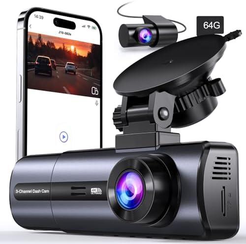 3 Channel 4K Dash Cam with 5GHz WiFi & APP Control, 4K/2.5K+1080P+1080P Front Inside and Rear, Triple Dash Camera with 64GB Card, G-Sensor, 24 Hours Parking Mode, Loop Recording, Night Vision