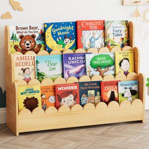 SpaceAid 3-Tier Scalloped Bookshelf, Montessori Bookcase for Toddlers, Wooden Book Shelf Organizer Display Furniture for Kids Rooms, Playroom, Nursery and Classroom, 36.7 Wide, Natural