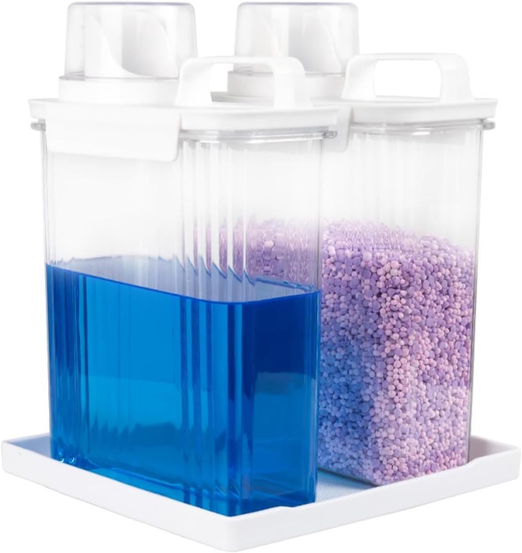 68oz Laundry Detergent Container, 2 Pack Plastic Liquid Detergent Dispenser for Laundry Room Powder,Soap,Fabric Softener, Scent Beads Storage and Organization,with 5 Labels,1 Tray.(2, 68oz)