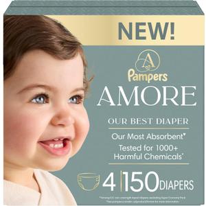 Pampers Amore, Size 4 (15-34 lbs), 150 Count, Our Best Diaper Hypoallergenic & Fragrance Free, Up to 100% Leakproof, Soft as Cashmere