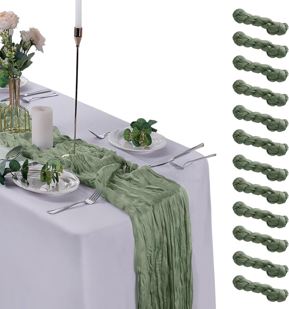 12 Pack Cheesecloth Table Runner 9ft,17 x 108 inch Gauze Table Runner Rustic Romantic Wedding Runner for Wedding Bridal Shower Fall Decoration,Dark Sage Green