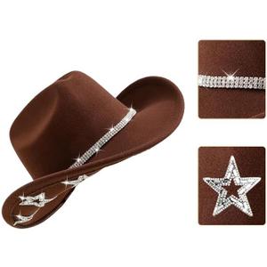 Western Cowboy Hat Rhinestone Wide Brim Cowgirl Hat with Belt Buckle Costume Party for Teens and Adults (Brown)
