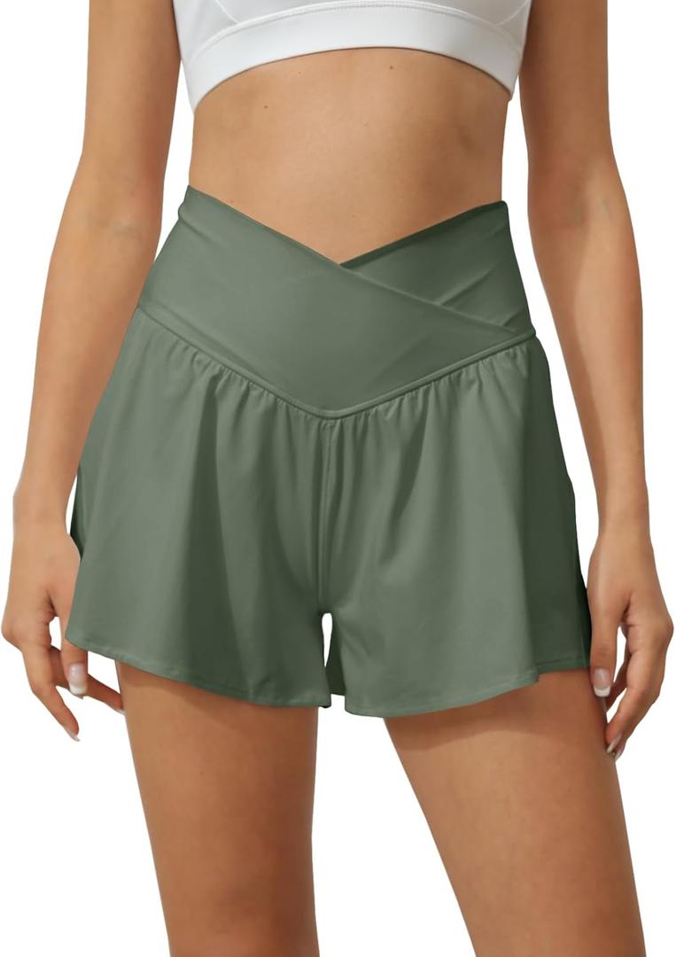 Tongmingyun Women Crossover Shorts Flowy Athletic Butterfly 2 in 1 Shorts with Pocket High Waist Running Workout Skorts (X-Small, Army Green)