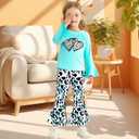 Toddler Girl Clothes Long Flare Sleeve Tops Bell Bottom Pants Baby Girls Clothing Sets Cartoon Graphic Outfit (Blue)