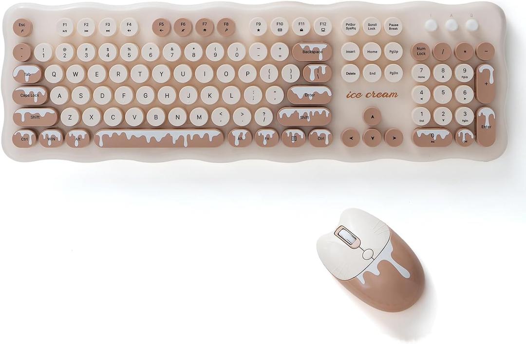 2.4G Full-Size Wireless Keyboard and Mouse Combo, Multi-Color Typewriter Style Round Keycap, Cute Candy Colors, Compatible with Notebook, PC (Ice Cream)