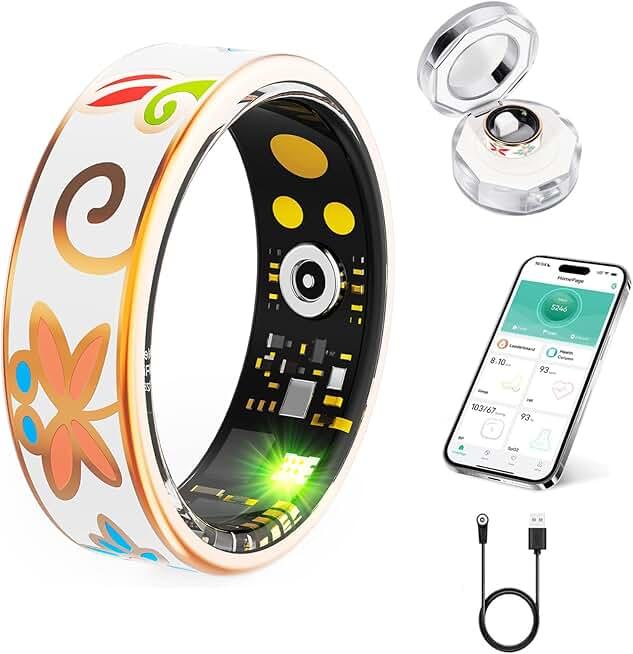 Smart Ring for Women and Men - IP68 Waterproof Health Tracker Ring with Heart Rate, Step Counting, , Enamel Rose Gold Size 7