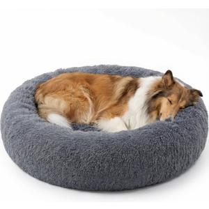 SAVFOX 36 inches Calming Donut Dog Bed - 3X Durable Plush Faux Fur, Machine Washable & Non-Slip, Fits up to 100 lbs, Dark Grey