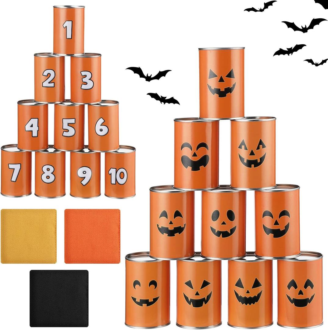 13 Pcs Halloween Carnival Can Bean Bag Toss Games Orange Jack-O'-Lantern Can Toss Game with 10 Cans & 3 Bean Bags for Halloween Outdoor Decoration Home Decor Party Favors Supplies