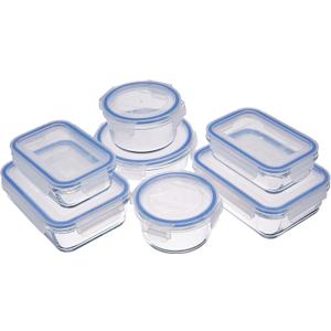Amazon Basics Leak-Proof Glass Locking Lids Food Storage Containers, 14-Piece Set, 7 Count of Bases and 7 Plastic Lids, Clear, Blue, BPA Free