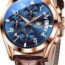 OLEVS Men's Casual Leather Watch, Big Face Chronograph Watch for Men, Fashion Easy to Read Dress Watch, Men's Waterproof Luminous Date Analog Watch, Gold/Black/White/Blue Dial