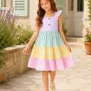 Girls Rainbow Summer Dress, Flutter Sleeve Tiered Sundress for Beach Vacation Muti Color 13-14 Years