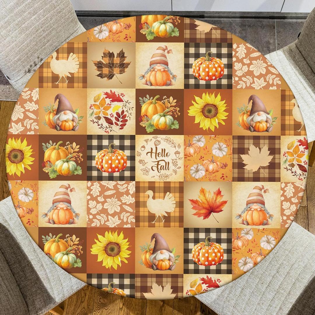 Casuru Fall Round Fitted Tablecloth with Elastic Pumpkin Maple Leaf Thanksgiving Table Cover Waterproof Autumn Kitchen Decor for Patio Holiday Party Fits to 40" Round Table (Orange, 40" (Round))
