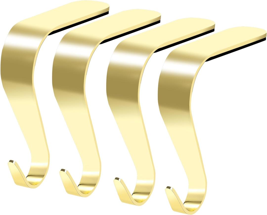 Palonu Christmas Stocking Holders Mantel Stocking Hangers Metal Hanging Hooks Ornament Hooks Fireplace Hanger Grip for Christmas Decorations (4, Gold)