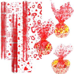 FOPINOA 3 Roll Valentine's Day Cellophane Wrap Set, 32 in x 100 ft Valentines Cellophane Wrap Clear Cellophane Wrap Roll Treat Gift Basket Red Wrapping Cellophane Paper for Valentine's Day Party Decoration