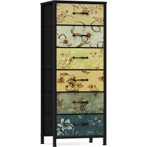 Furnulem Tall 6 Drawers Dresser, Vintage Storage Organizer Unit with Fabric Bins for Bedroom, Living Room, Closet, Nusery, Dorm, Entryway, Bedside Furniture, Sturdy Metal Frame, Wood Top, 11.8"D x 15.8"W x 45.9"H