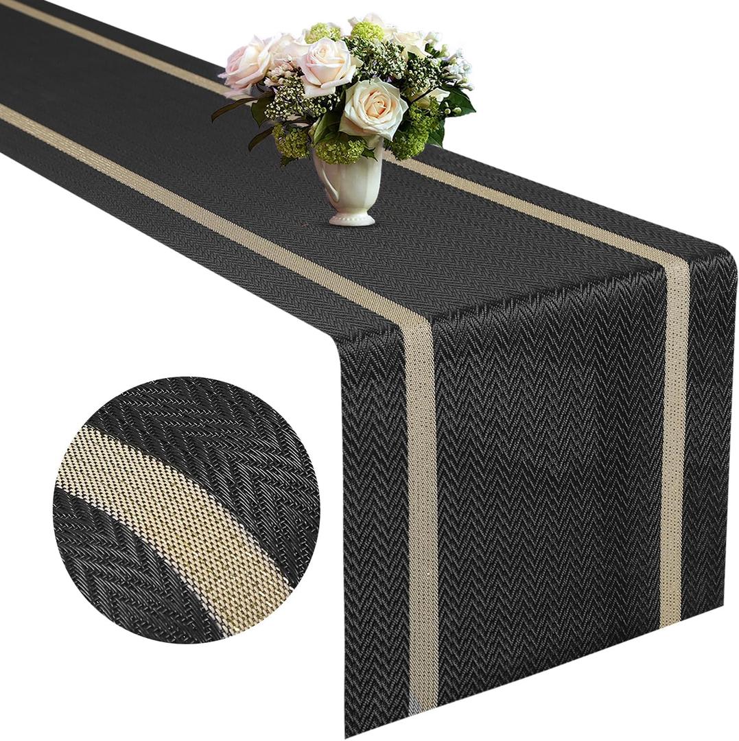 FAVE Woven Vinyl Table Runner Black Table Runner Woven with Golden Threads 72x12 Inches Wipeable Waterproof Dining Table Mats for Wedding, Banquet,Party, Restaurant (Black-72x12)