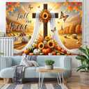 Fall Thanksgiving Backdrop Banner Fall for Jesus Theme Outdoor Decorations 71x43 Inchs Sunflower Pumpkins Backdrop Cross He Never Leaves Banner Party Supplies Yard Decor