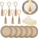 Gejoy Round Burlap Placemats Wood Bead Napkin Rings with Dinner Napkins Cloth, Jute Heat Resistant Placemats Boho Wooden Rings for Plates Wedding Dining Table(18 Pcs)