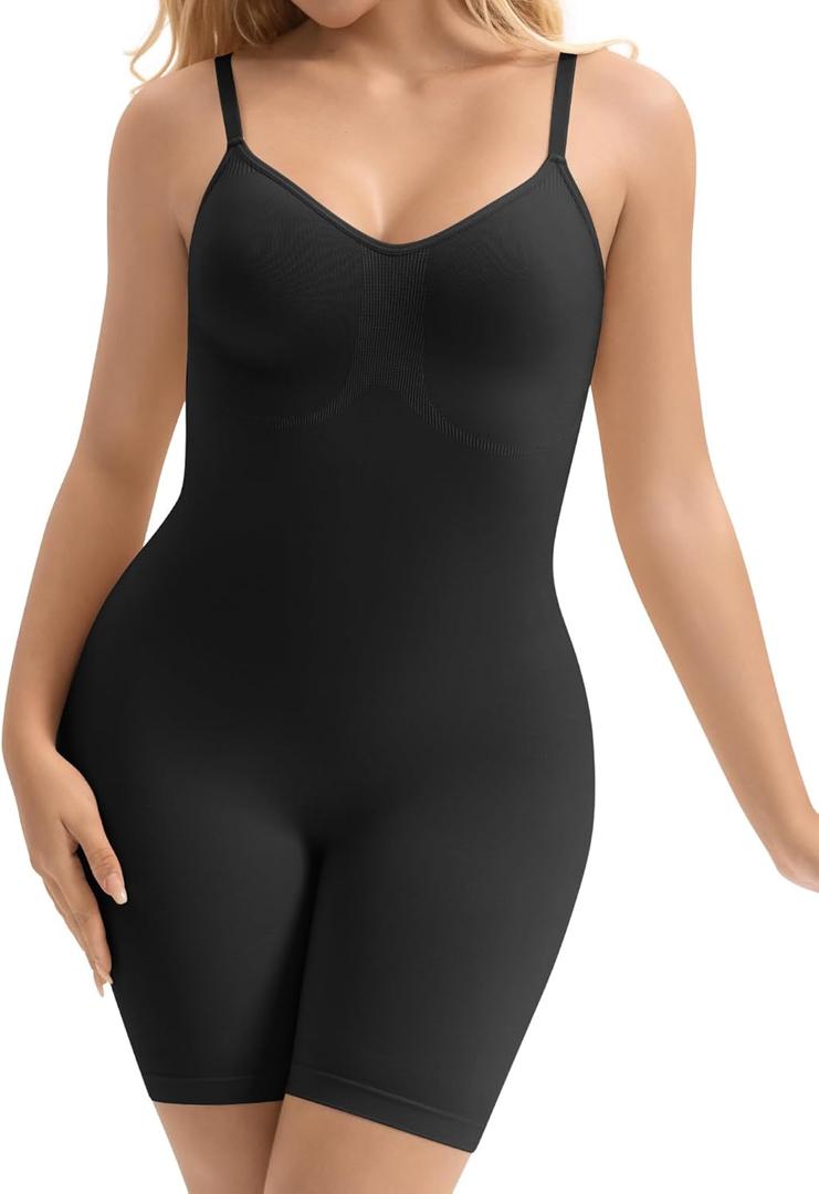 Bodysuit Shapewear for Women Seamless Body Shaper Tummy Control Snatched Waist Butt Lifter Sculpting Full Body Suit (Small-Medium, Black Mid Thigh)