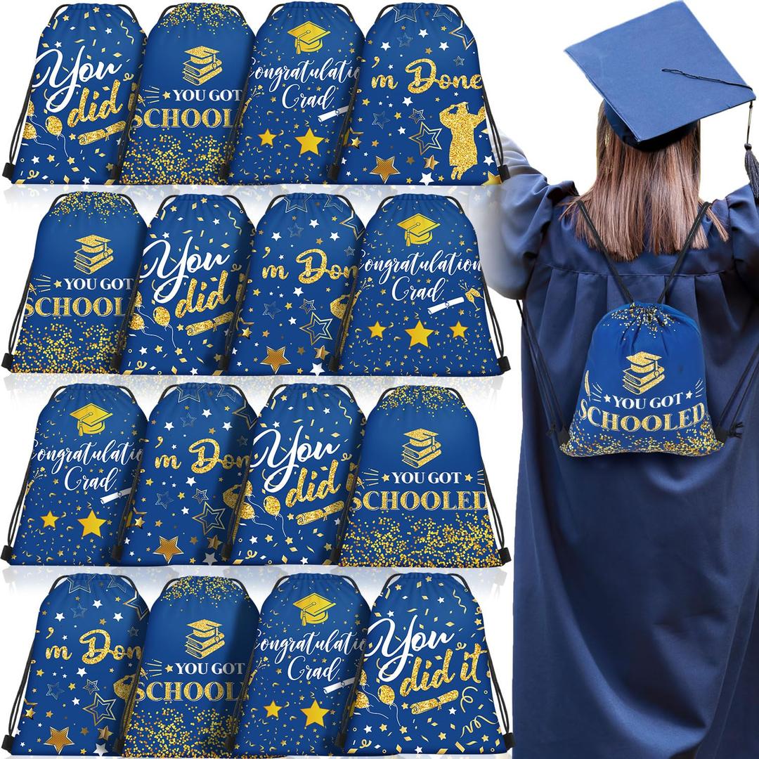 2 x Amylove 16 Pcs Graduation Gift Bags with Drawstrings Grad Party Favor Graduation Gift Drawstring Bag for College High School Party Supplies, 9 x 12 Inch (Blue)