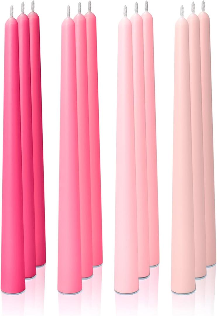 12pk 10" Classic Taper Candles, Pink Shades, 7-8 Hours Long Burning, Unscented Tall Candlesticks