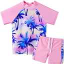 Girls Two Piece Swimsuit Floral UPF 50+ Rash Guard Set Kids Beach Swimwear 14ANS