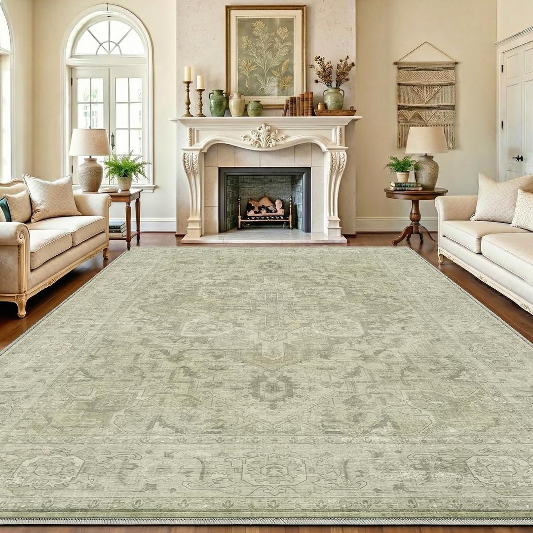 Homemate Washable Rug 8x10 Area Rugs - Vintage Faux Wool Rugs for Living Room Bedroom Dining Room - Non Slip Foldable Carpet Indoor Area Rug for Home Decor8'x10', Green