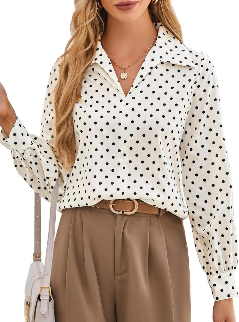 GRACE KARIN Women's Satin Silk Blouse Lapel V Neck Long Sleeve Casual Work Blouse Shirts Pullover Tops (Large, Polka Dot)