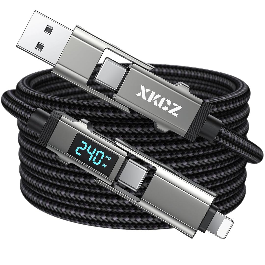 4 in 1 USB C Cable with Wattage Display, 240W Round Nylon Braided Multi Charging Cable with Data Sync, USB C Charging Cord Combo Type C/USB A/iPhone Port for iPhone/iPad/Samsung/Laptop, 5FT