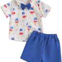 Baby Boy 4th of July Clothes Short Sleeve USA Flag/Popsicle Print Button Down Shirt Bermuda Shorts Kids Outfit 6-12 m