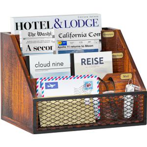 Mail Organizer Countertop,Wooden Mail Holder,4 Slot Letter Holder for Desktop,Vintage Desk Orgaizer for Fill,Bill (Brown)