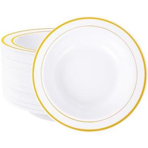 Nervure 50 Pack Plastic Bowls with Gold Rim - 12oz Disposable Soup Bowls - Heavy Duty Dessert & Salad Bowl & Ice Cream Bowl for Weddings, Parties, Mother's Day, Father's Day, and Everyday Use