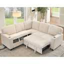 KEIKI 81" L-Shaped Oversized Corduroy Modular Sectional Sleeper Sofa with Pull-Out Bed, Storage Seat, Modern 5-Seater Upholstered Couch Bed with Charging Station, Easy Assembly, for Living Room, Beige