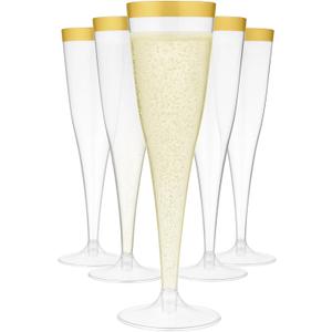 Oojami 30 Plastic Classic Champagne Disposable Flutes for Parties Plastic cups Wedding Party Toasting Cocktail Cups Bulk Party Pack (Gold Rim) 4.5 oz
