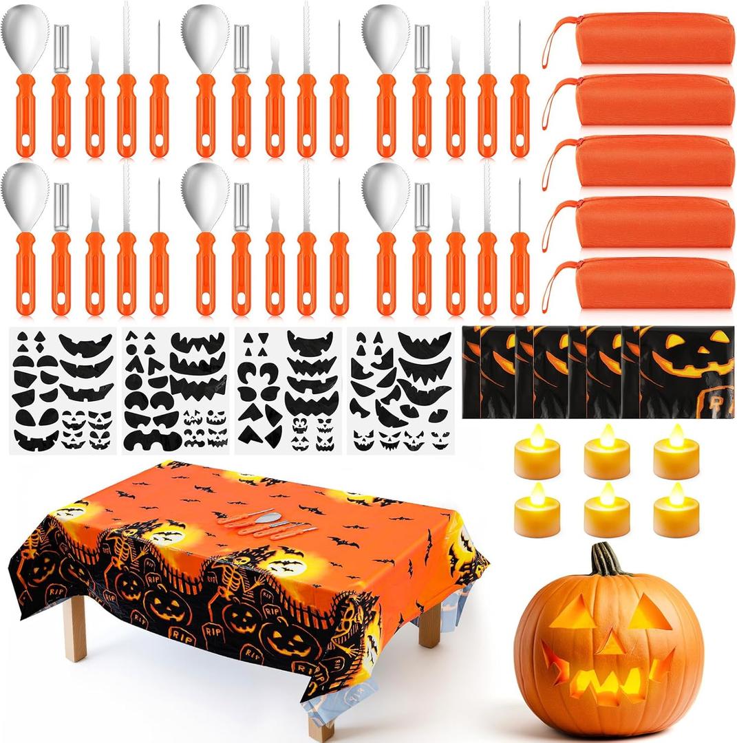 44 Pcs 6 Set Halloween Pumpkin Carving Kit Heavy Duty Stainless Steel Pumpkin Carving Tools with Storage Bag Tablecloth Stickers Tea Lights for Family Party Halloween Decor