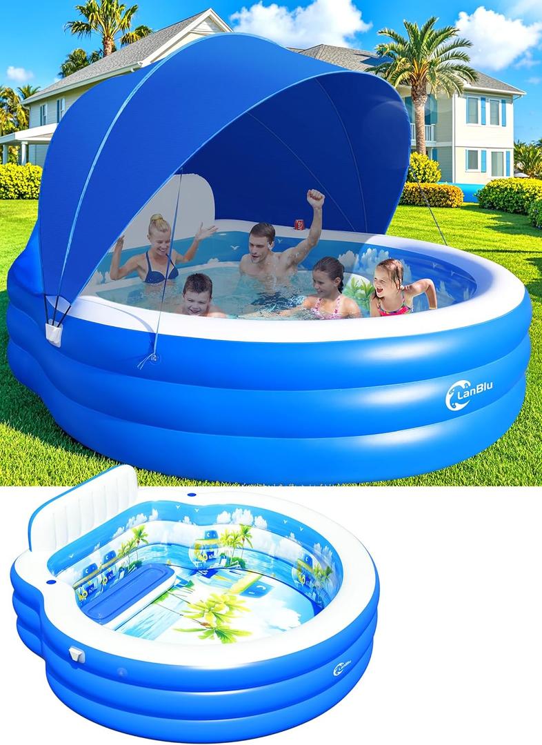 2025 Upgraded Inflatable Pool with Canopy, Inflatable Family Lounge Pool, Round Blow Up Pool for Adult with Bench & Backrest, Swim Center Easy Backyard Pools for Kids & Adults, 90"x90"x80", Blue
