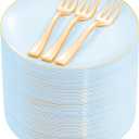 Festiva 200Pcs Blue Gold Cake Plates 6.3" with Plastic Forks 5"- Disposable Blue Dessert/Appetizer/Salad Plates- serve 100 guests for Party&Wedding&Easter