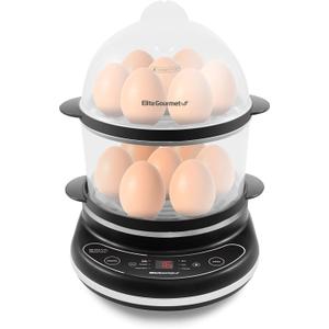 Elite Gourmet EGC314CB Digital Easy Egg Cooker Food Steamer, Poacher, Omelet, Soft, Medium, Hard-Boiled Egg with 6 Programmed Preset Functions, 2-Tiers, Measuring Cup, 14 egg capacity, Black