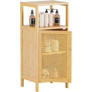 HITNET Bathroom Storage Cabinet Rattan, Small Bamboo Floor Cabinet with Single Door and Open Shelf, Freestanding Narrow Cupboard for Living Room, Kitchen, Entryway, Natural