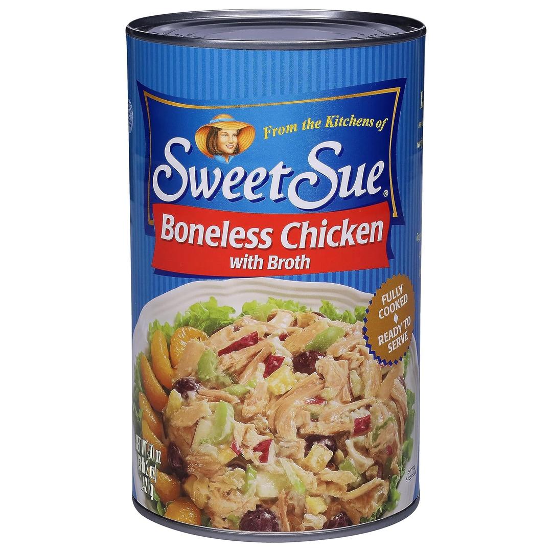 Sweet Sue Boneless Chicken with Broth, Cooked Canned Chicken- 10g Protein - Gluten Free, Keto Friendly Great for Family, Food Service Restaurant, Cafeteria- 50 oz Can (Pack of 1) BB 11/10/25
