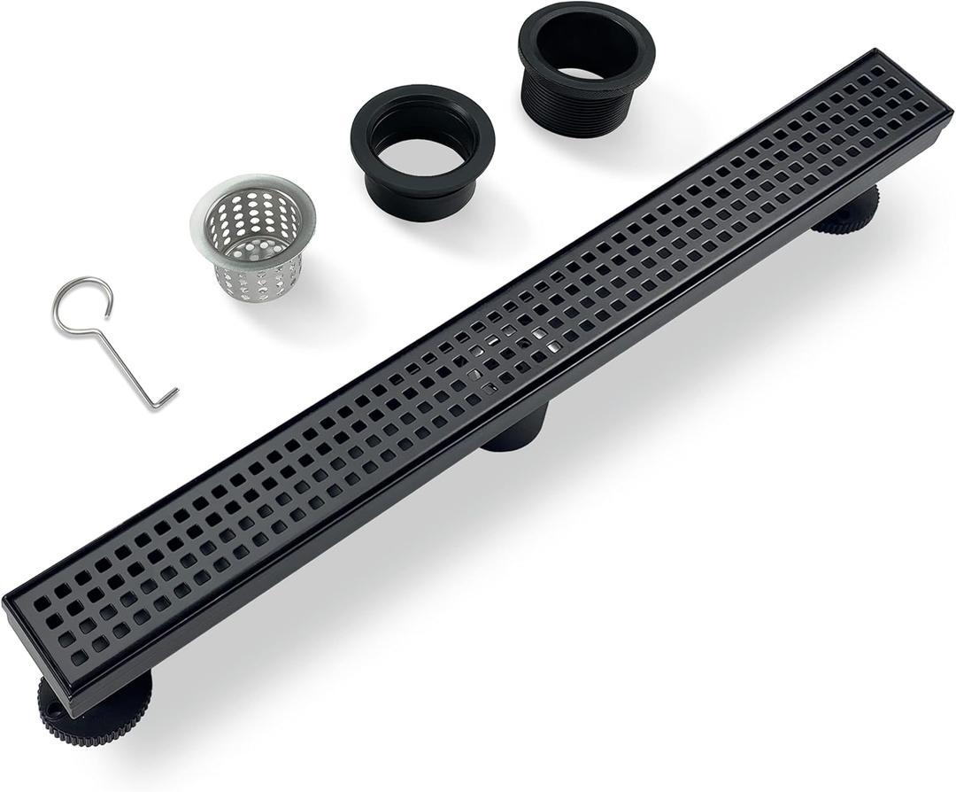 24 Inch Black Rectangular Shower Drain with Removable Quadrato Pattern Cover Grate Accessories and SUS304 Stainless Steel CUPC Certificate (24 inch)